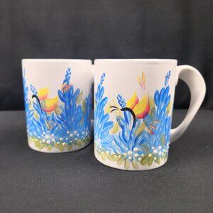 Hand Painted Texas Bluebonnet Coffee Mugs Twisted Handle Stoneware Set of 2